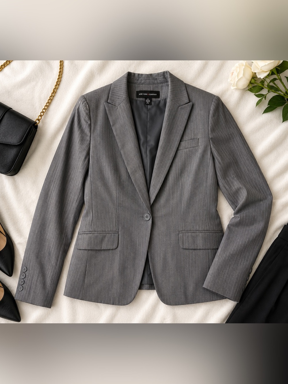 New York & Company Charcoal Pinstripe Single-Button Blazer